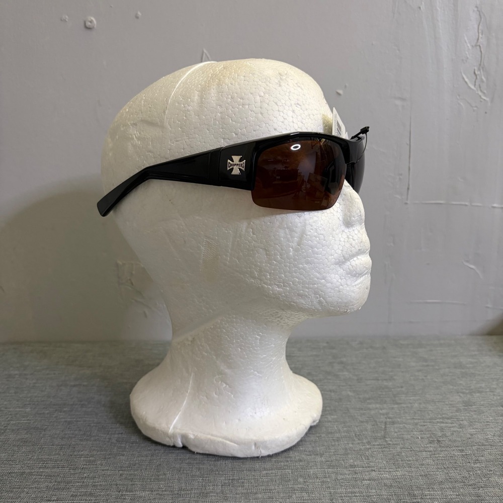 Choppers Sunglasses Men OS Black Gloss Amber Lens Biker Wrap Iron Cross UV400